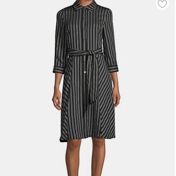 Karl Lagerfeld Paris Stripe Three-Quarter Sleeve Shirtdress 10 Black - Picture 1 of 3